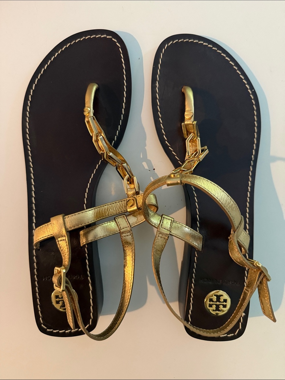 Tory Burch Gold Leather T-Strap Chain Sandals